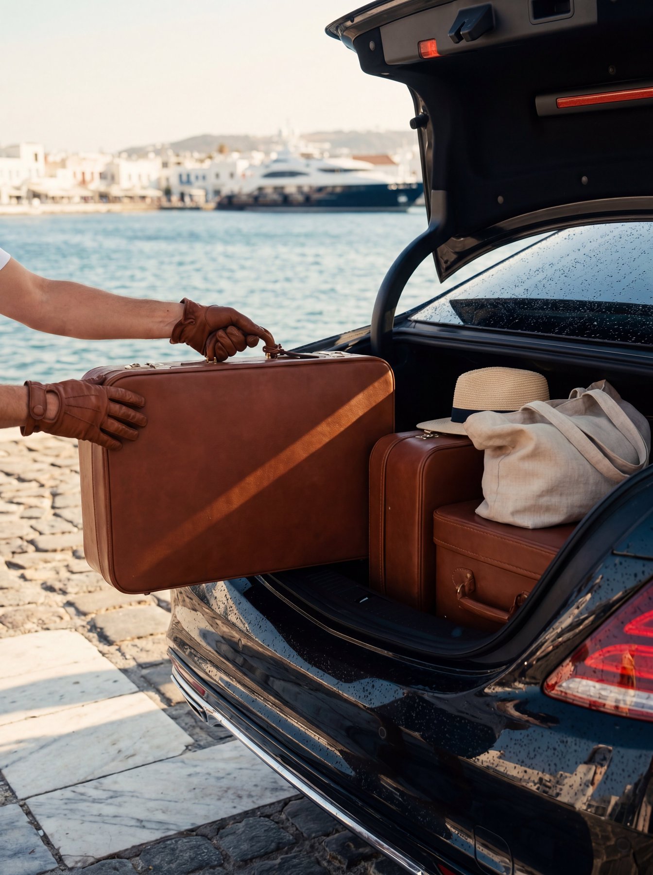 Chauffeur loading leather luggage into a black Mercedes at the Mykonos port