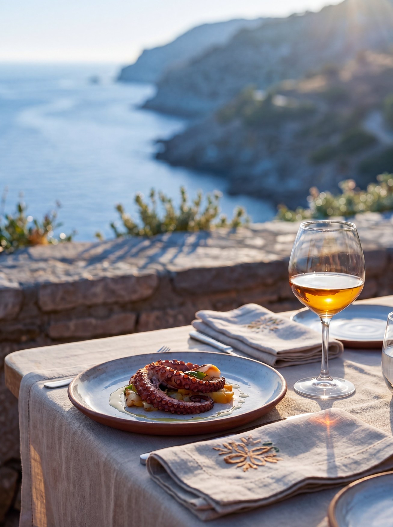 Mediterranean octopus dish on linen-dressed table overlooking the sea, with embroidered napkins and amber wine