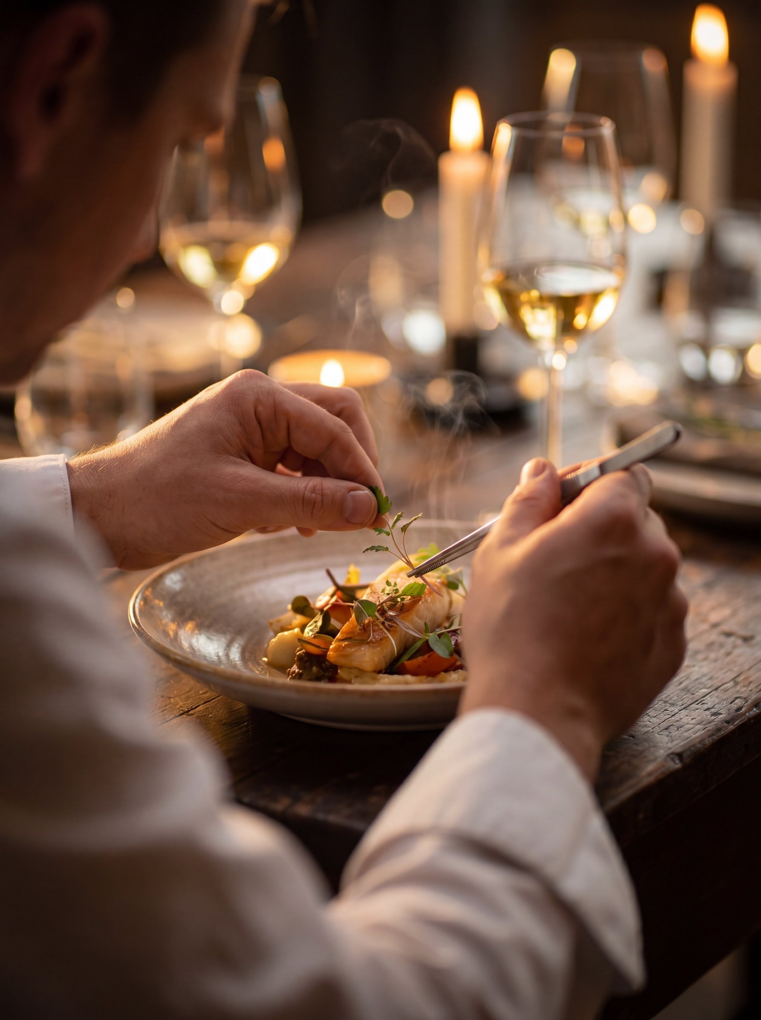 Chef plating the signature dish in candlelit fine dining restaurant