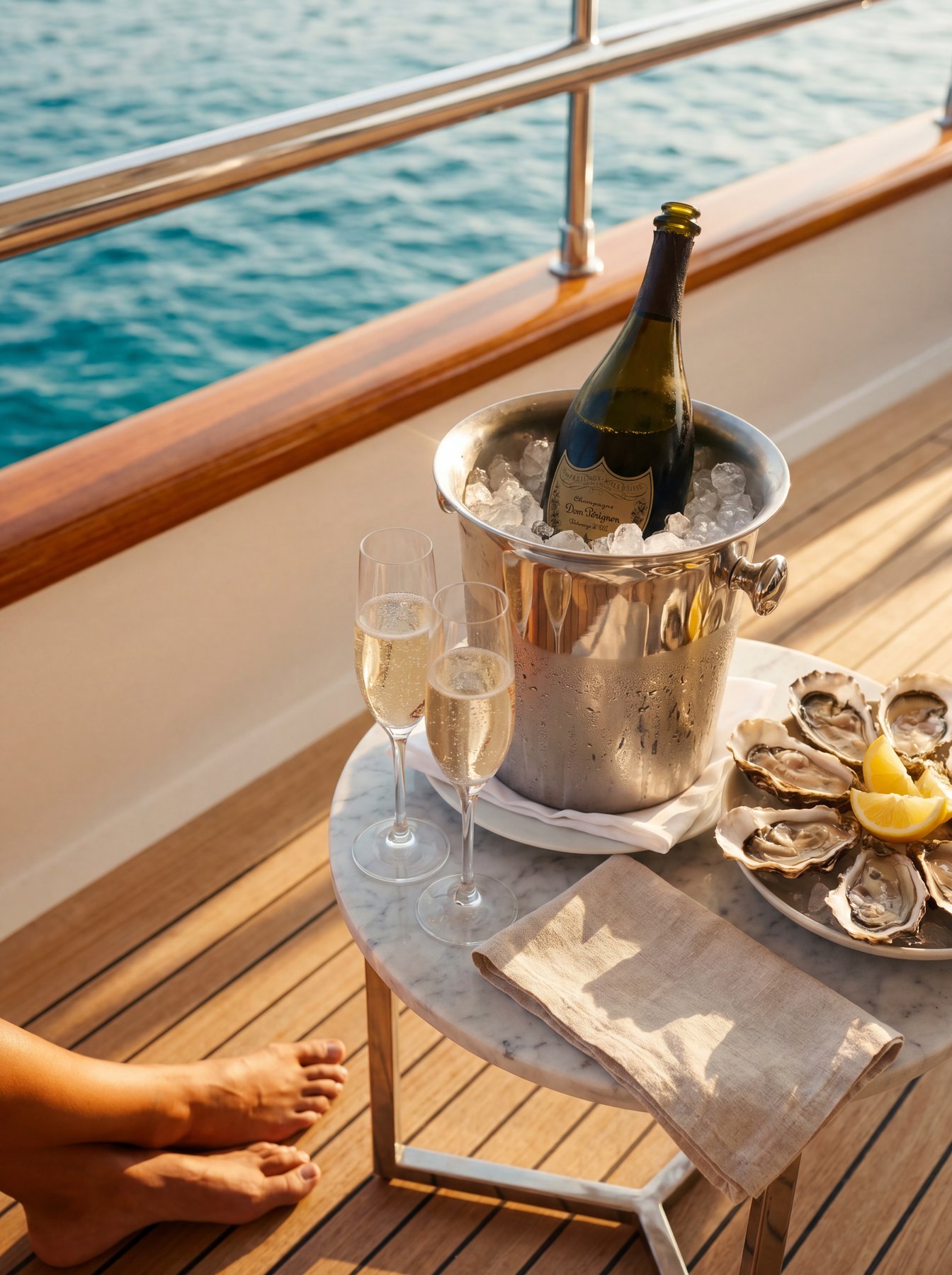 Champagne and oysters on the teak deck of a superyacht in the Aegean